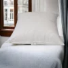 Oreiller haut de gamme avec taie en coton imperméable de Litex, présenté sur un lit dans une chambre d'hôtel avec vue urbaine en arrière-plan.
