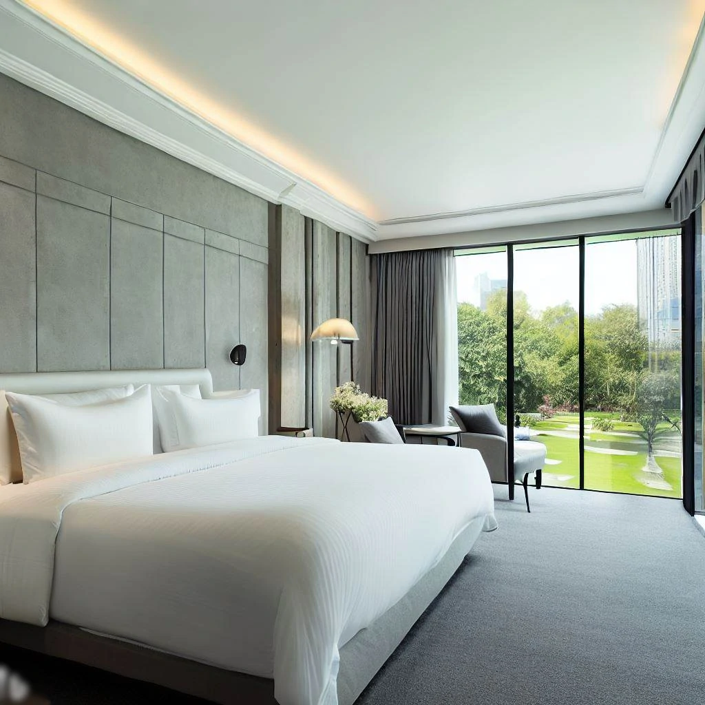 Un lit douillet avec de la literie de luxe dans une chambre d'hôtel confortable.