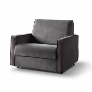 Fauteuil lit convertible 1 personne Papeete 80x195 cm fermé en position assise, tissu gris foncé avec finition passepoil bordeaux contrastant.