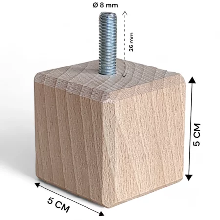 Pied de lit carré Margot de 5 cm en bois de hêtre avec dimensions et vis de fixation
