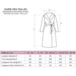 Tableau du guide des tailles pour le peignoir Contemplation Anne de Solène, indiquant les mesures du XS au XL.