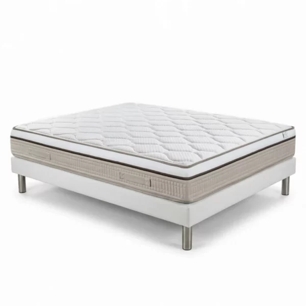 Matelas Relax Zen de taille 80x190 cm, présenté sur un sommier blanc à pieds métalliques, avec un coutil supérieur matelassé blanc et une bande latérale beige.