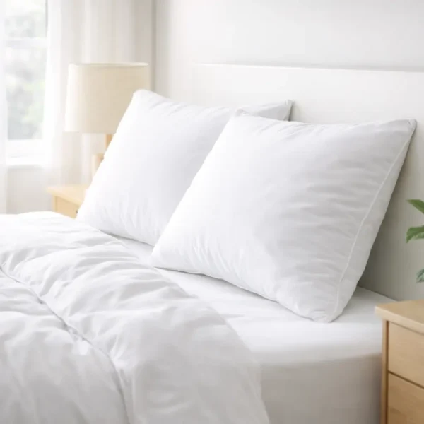 Oreillers synthétiques Drouault moelleux sur un lit dans une chambre lumineuse