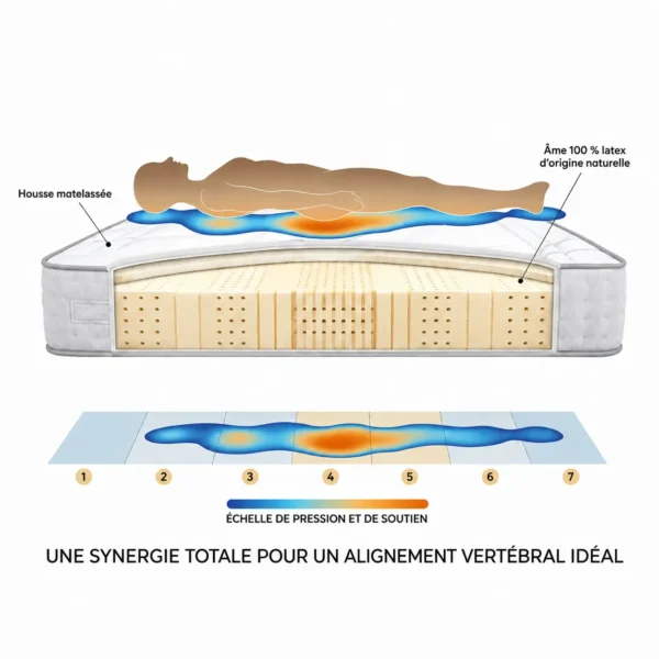 Infographie illustrant l'alignement parfait de la colonne vertébrale et la réduction des points de pression d'un dormeur grâce aux 7 zones du matelas Nocturne.