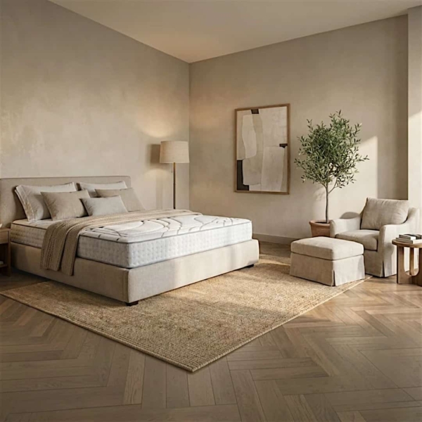 Ambiance de chambre parentale chaleureuse aux tons crème et sable avec le matelas Nocturne Duault installé sur un lit capitonné, à côté d'un fauteuil avec repose-pieds et d'un olivier en pot.