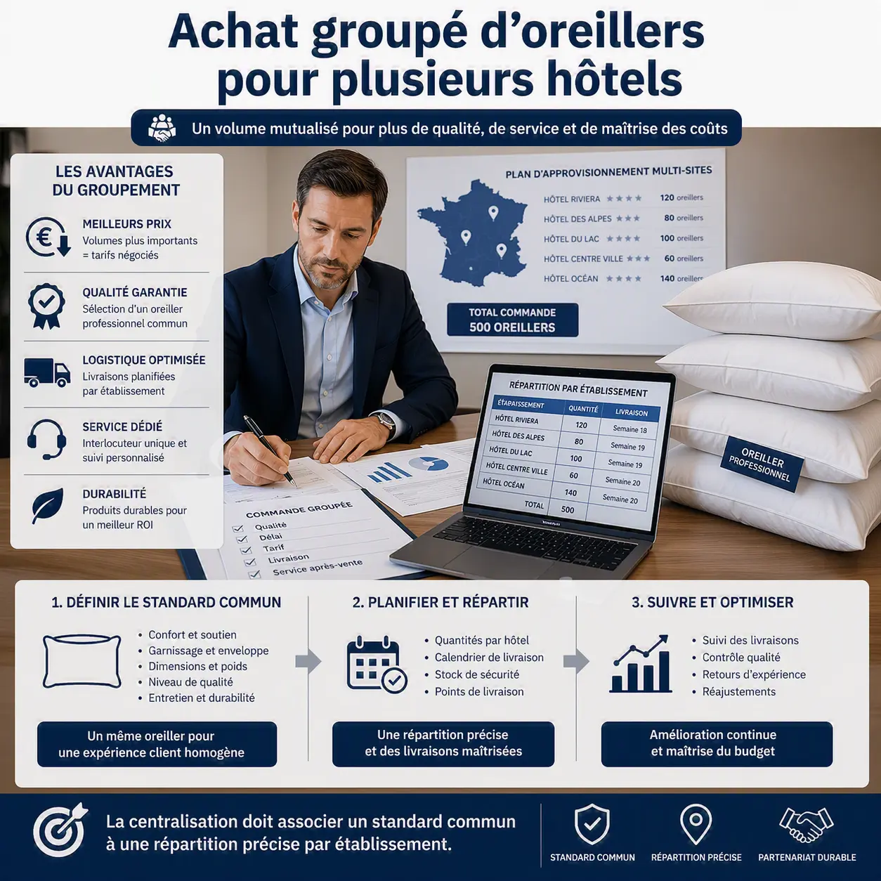 Responsable achats organisant une commande d’oreillers en lot pour plusieurs établissements hôteliers