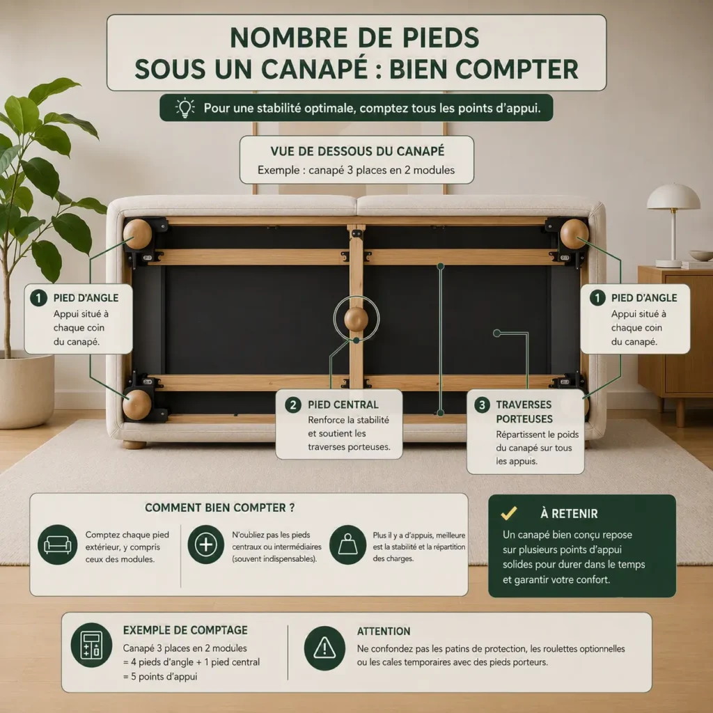 Vue de dessous d’un canapé avec quatre pieds extérieurs et un pied central