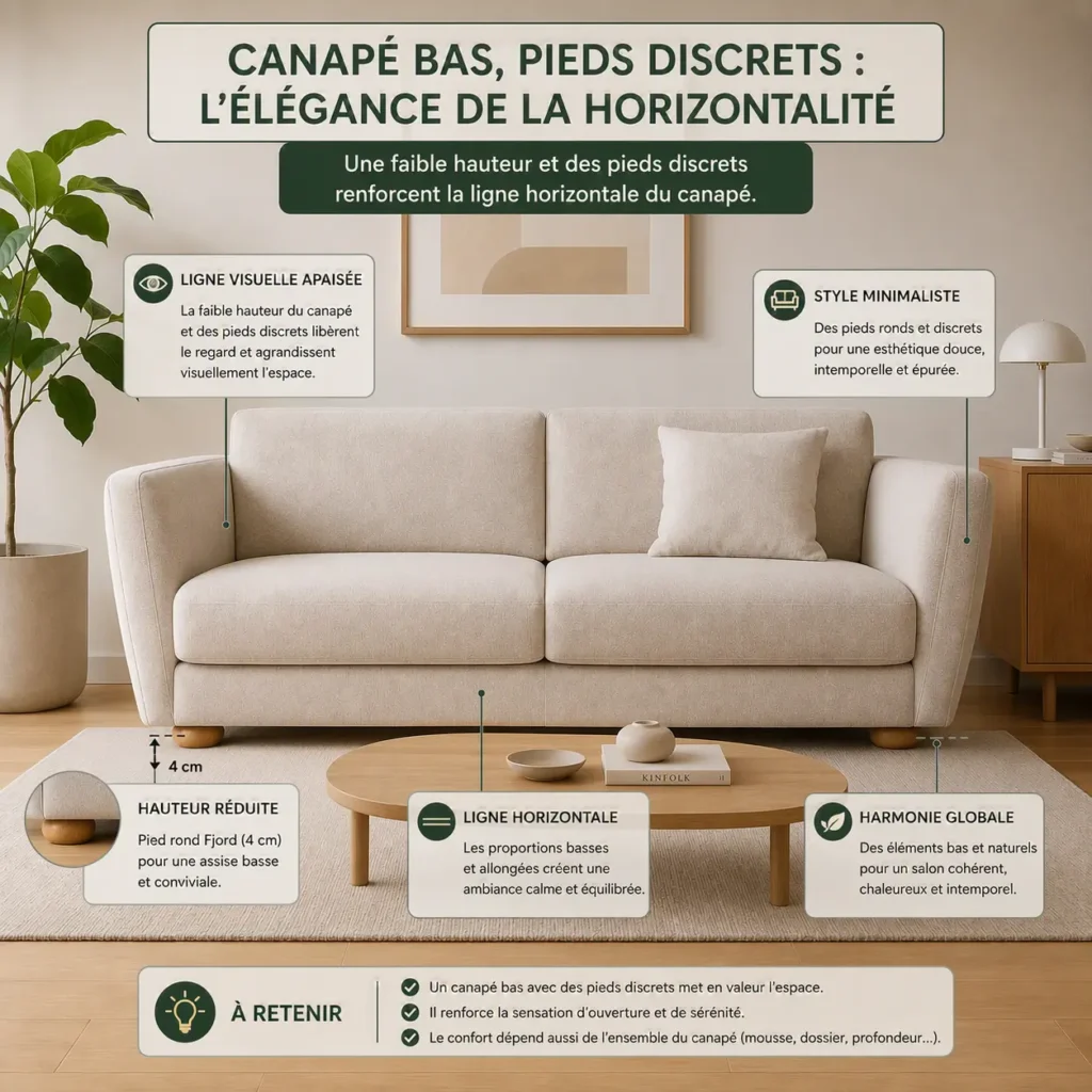 Salon minimaliste avec canapé bas équipé de pieds discrets en bois