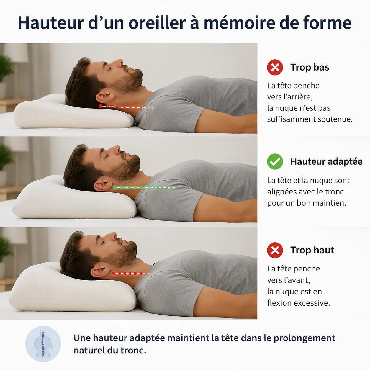 Comparaison de trois hauteurs d’oreiller mémoire de forme sous la tête d’un dormeur