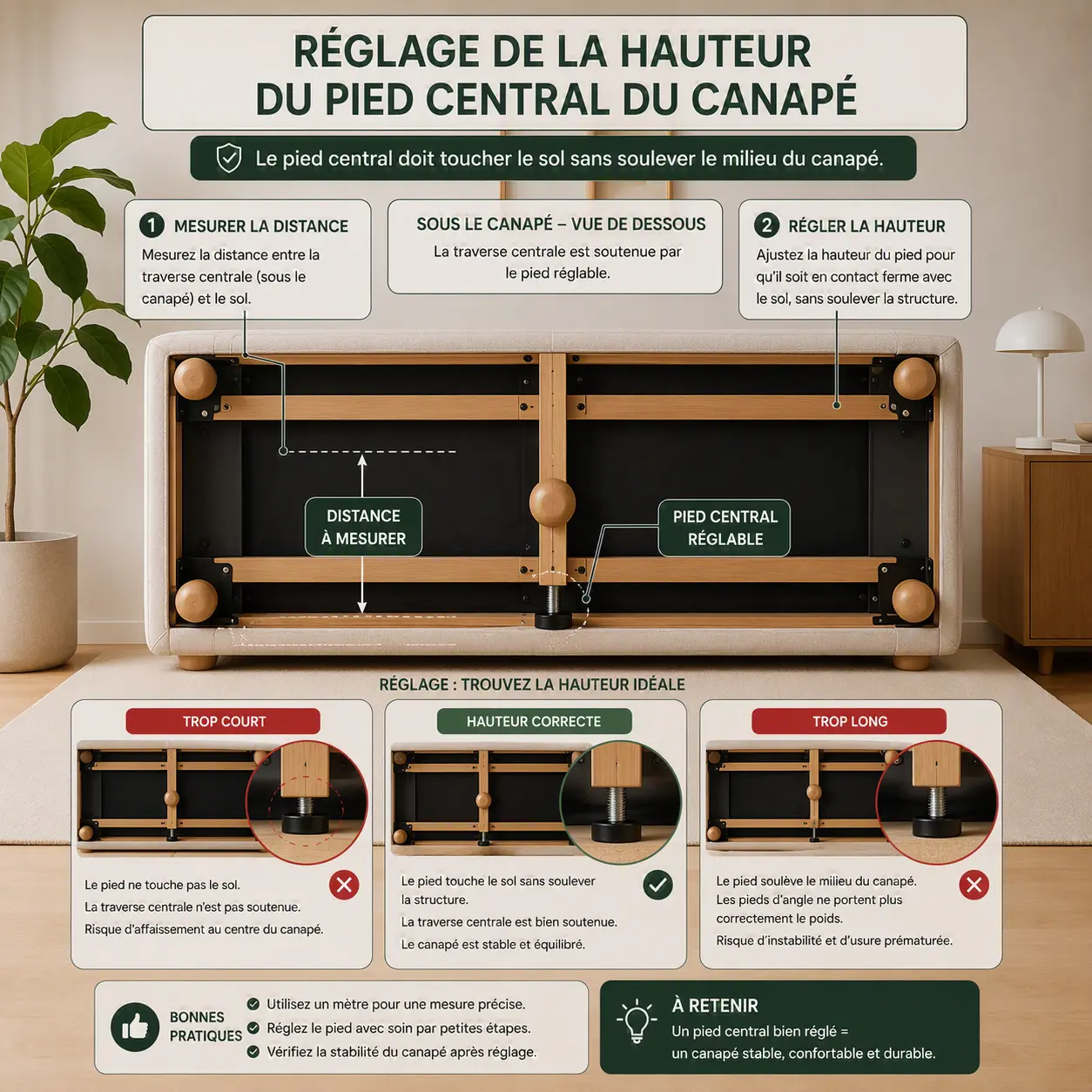 Mesure et réglage d’un pied central sous la traverse d’un canapé