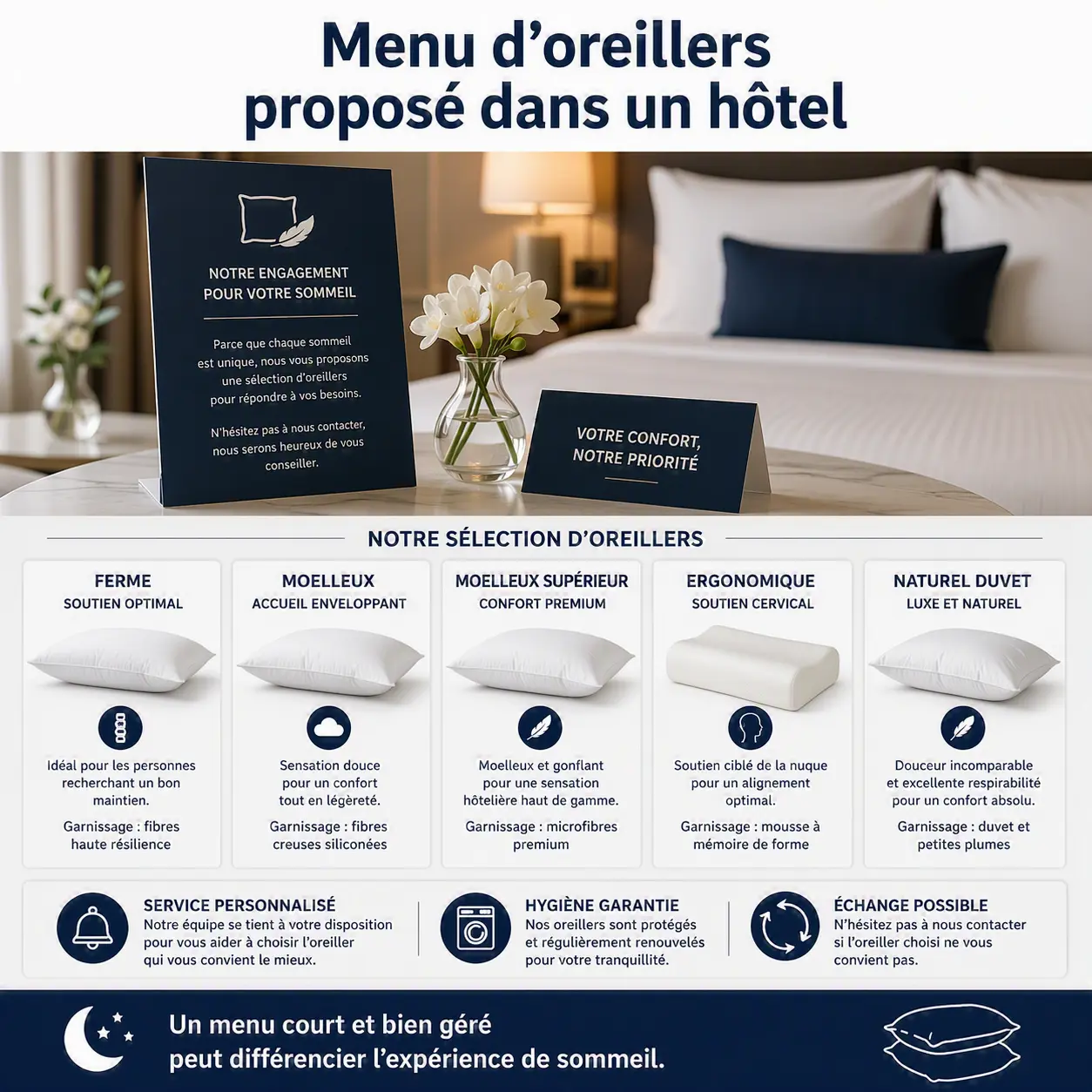 Présentation de plusieurs oreillers fermes, moelleux et ergonomiques dans un hôtel