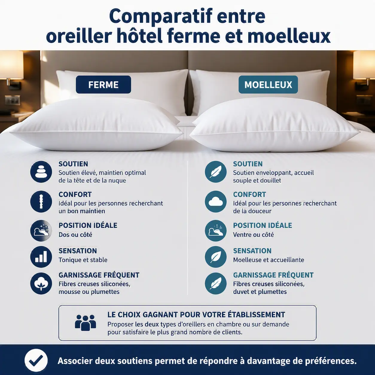 Deux oreillers professionnels ferme et moelleux comparés sur un lit d’hôtel