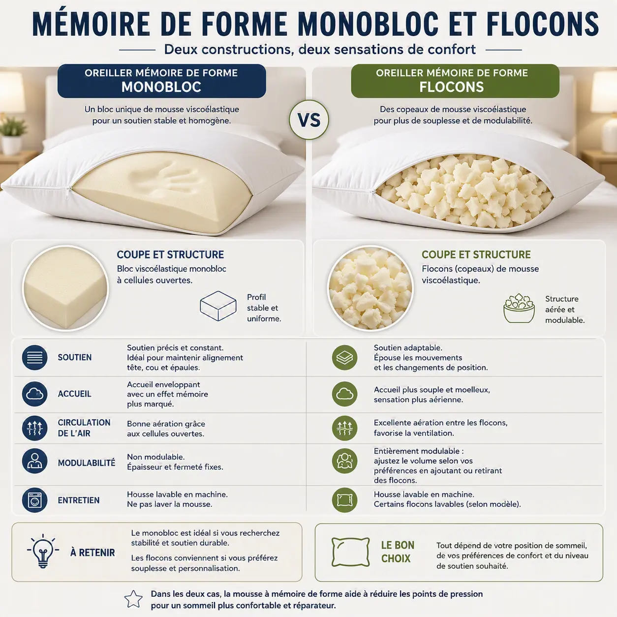 Coupe comparée d’un oreiller mémoire de forme monobloc et d’un oreiller en flocons