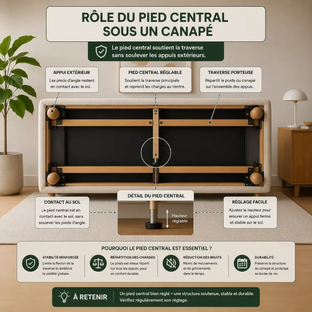 Pied central réglable sous la traverse d’un canapé