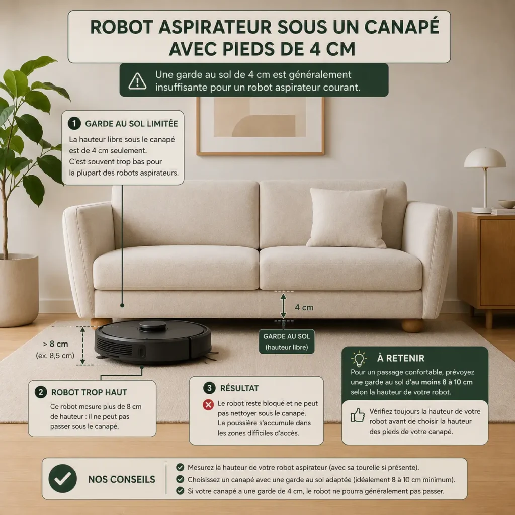 Robot aspirateur bloqué devant un canapé avec une garde au sol de 4 cm