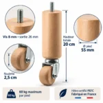 Texte alternatif (ALT) Infographie des dimensions du pied à roulette bois : 20 cm, Ø 55 mm et vis 8 mm