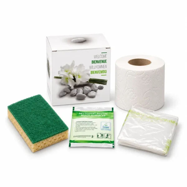 Kit d’accueil entretien ZEN V1 avec éponge sac poubelle papier toilette et nettoyant