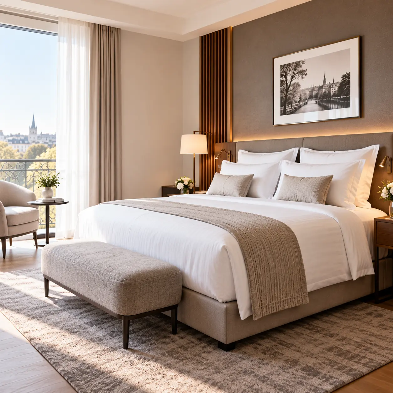 Chambre d’hôtel professionnelle avec grand lit, oreillers supplémentaires et literie soignée