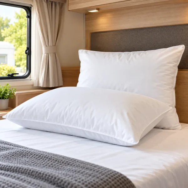 Oreiller microfibre blanc installé sur un lit de mobil-home