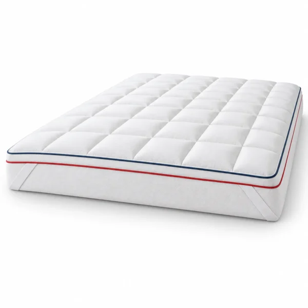 Surmatelas blanc Drouault présenté seul avec son plateau matelassé et ses quatre élastiques de maintien