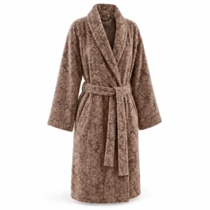 Peignoir chocolat à col châle avec motif floral jacquard et ceinture assortie
